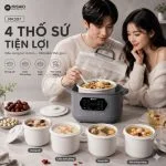 Nồi nấu chậm lòng sứ 3L Mishio MK397 kèm xửng hấp và 4 thố sứ tiện lợi không lo cháy khét hay bong tróc chống dính